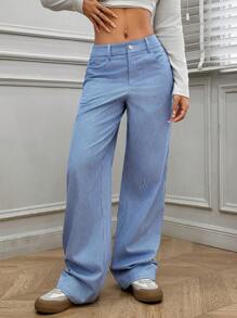 SHEIN EZwear 蓝白条纹宽松直筒裤 秋冬 - 藍白色 - 查看 3