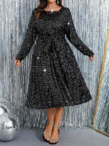 SHEIN Clasi 大码女式优雅亮片裹身圆领长袖连衣裙，秋季长款女装 - 黑色 - 查看 3
