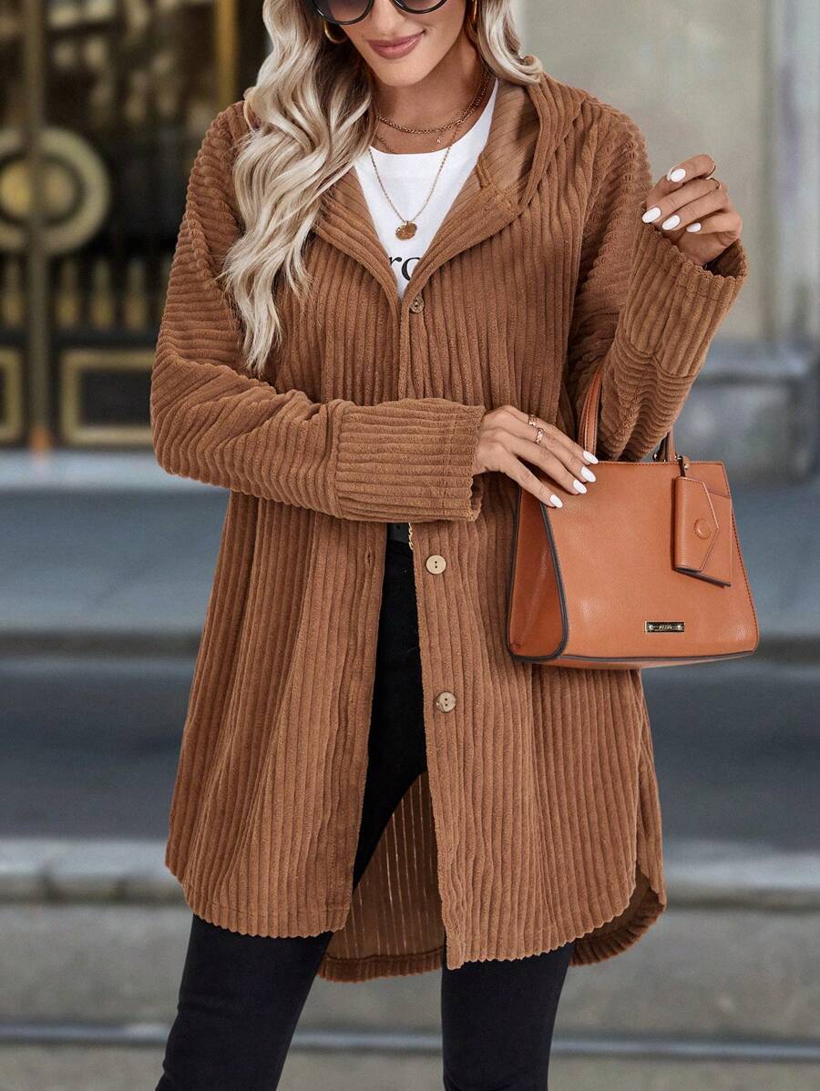 SHEIN LUNE Women's Textured Striped Long Sleeve Hooded Regular Jacket, Fall & Winter - Coffee Brown - View 1