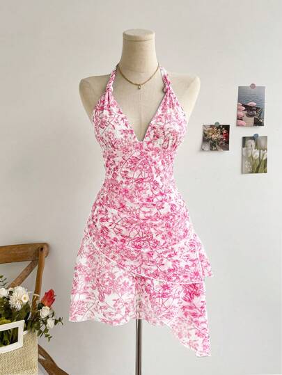 Soleia 复古花卉线条印花 V 领带、网眼褶皱浪漫假日女士连衣裙