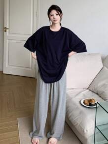 DAZY 2 Stücke Damen Sommer einfarbiges Set aus Rundhals Lässig Top und weiter Hose, Homewear Set Pyjama - marineblau - Übersicht 7