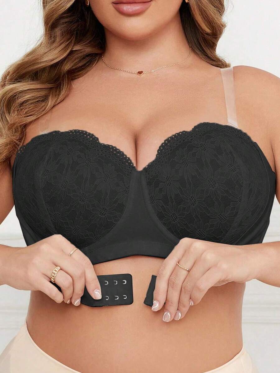 1pc Plus Size Lace Underwire Bra, Lingerie - Black - View 1