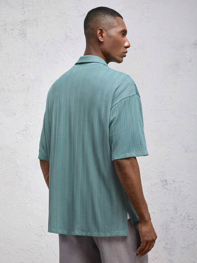 Men's Loose Batwing Collar Casual Jacquard Textured Linen Blend Shirt With Stand Collar And Front Slit, Green