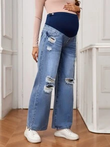 SHEIN Adjustable Waist Ripped Straight Loose Casual All-Match Maternity Jeans - Medium Wash - View 6