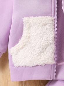 Baby Girl Winter Casual Cute & Lively Warm Contrast Fuzzy Zip-Up Hoodie And Cozy Sweatpants Set With Dog Paw Decor, For Everyday Wear, Winter Clothes