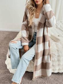 SHEIN LUNE Chaqueta de punto a cuadros de largo medio y casual regular para mujer, para otoño e invierno - Albaricoque - Ver 3