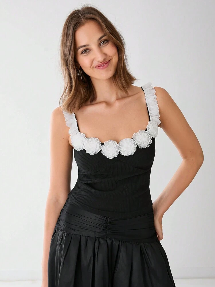 Autumn Romantic Women's Cute Elegant 3D Floral Decor Sweetheart Black Camisole,For Halloween&Christmas Party