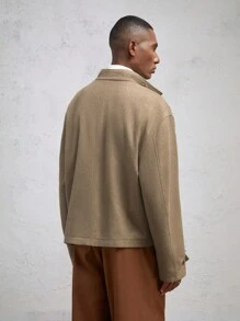 AKNOTIC Business Casual 男士宽松插肩拼接撞色立领长袖短款羊绒开衫外套 驼色 适合秋冬季 - 駝色 - 查看 5
