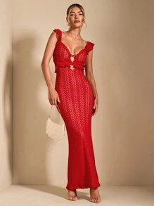 SHEIN BAE 夏季性感镂空钩针纹理盖袖露背系带优雅长款美人鱼连衣裙 - 紅色 - 查看 5