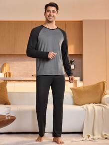 SHEIN 2 pezzi Set di abbigliamento da casa uomo con camicia a girocollo a maniche lunghe e pantaloni, tinta unita con inserti, per autunno e inverno - nero - Visualizzare 6