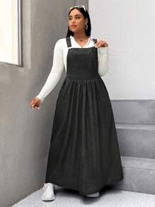 SHEIN EZwear Plus Size Casual Denim Dress With Button-Down, Gathered Waist & Pockets - Black - View 6