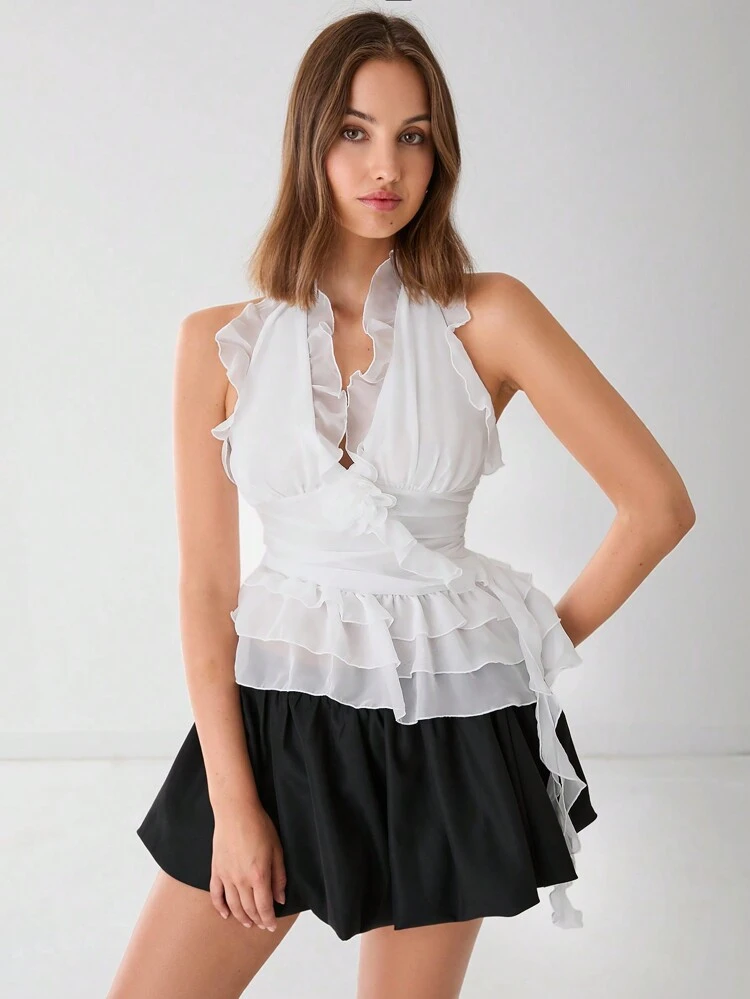 女性用 無地メッシュコントラストフリルトリムミニマリストキャミソール、カジュアル&ホリデー