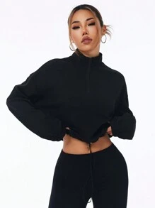 Easithlete 纯色立领抽绳下摆拉链运动衫 秋季拉链运动衫 - 黑色 - 查看 6