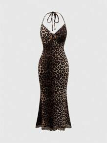 ROMWE Retro Halter Flocked Tie-Dye Bodycon Mermaid Dress dla kobiet