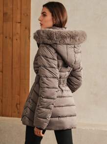 Anewsta Dames getailleerde taille taille middellange verwijderbare bontkraag & capuchon jas, Khaki