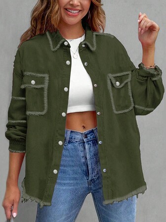 女士纯色简约日常长袖磨边牛仔夹克