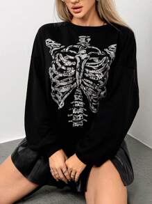 SHEIN ICON Casual Skeleton Print Long Sleeve Crew Neck Sweatshirt - Black - View 4