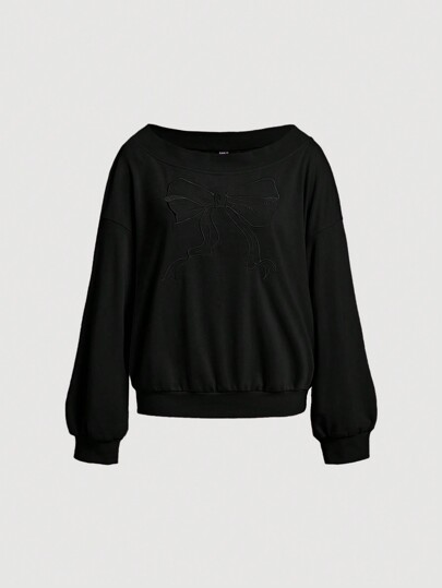 SHEIN MOD Plus Size Off-Shoulder Asymmetric Loose Sweatshirt With Embroidered Bowknot , Black Sweatshirt