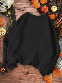 Teen Girl Pumpkin & Bow Print Loose Fit Crew Neck Long Sleeve Sweatshirt, Fall/Winter - Black - View 2