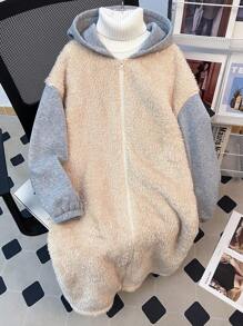 Abrigo con capucha de felpa esponjosa de color block, chaqueta de forro polar abrigada y suave para niñas preadolescentes, para otoño/invierno