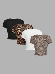 SHEIN EZwear 4 Áo thun nữ cổ tròn tay ngắn họa tiết động vật, dáng ôm vừa vặn cho mùa hè - Đen và trắng - Xem 2