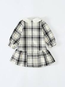 SHEIN 女婴格纹针织彼得潘领休闲优雅连衣裙，秋冬 - 黑與白 - 查看 2