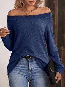 EMERY ROSE 女士纯色露肩插肩袖长袖宽松休闲 T 恤，春夏 - 藍色 - 查看 1