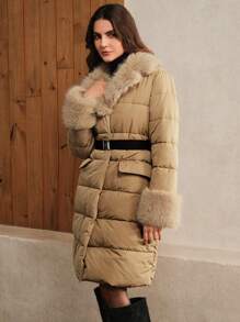 Anewsta Áo khoác nữ cổ lông dày dài vừa phải đa năng - màu nâu - Xem 4