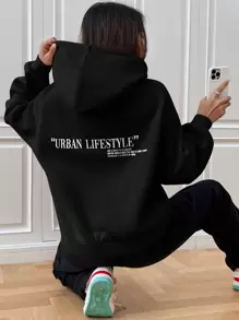 SHEIN 少女休闲“都市生活”标语印花连帽卫衣，加厚长袖卫衣，适合秋冬季穿着 - 黑色 - 查看 1