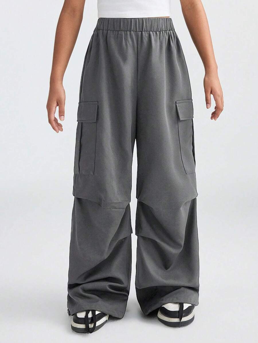 SHEIN Pantalones grises para niñas preadolescentes - Ropa de vuelta al colegio, a juego con mamá, estilo Kpop y Y2K, pantalones cargo de pernera ancha a cuadros, para disfraz de fútbol/voleibol, Acción de Gracias, Halloween, Navidad, primavera/otoño/invierno - Gris - Ver 1