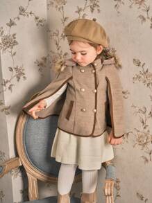 SHEIN Áo khoác len dệt kim trùm đầu hai hàng khuy thanh lịch cho bé gái, mùa thu đông - Màu Khaki - Xem 1