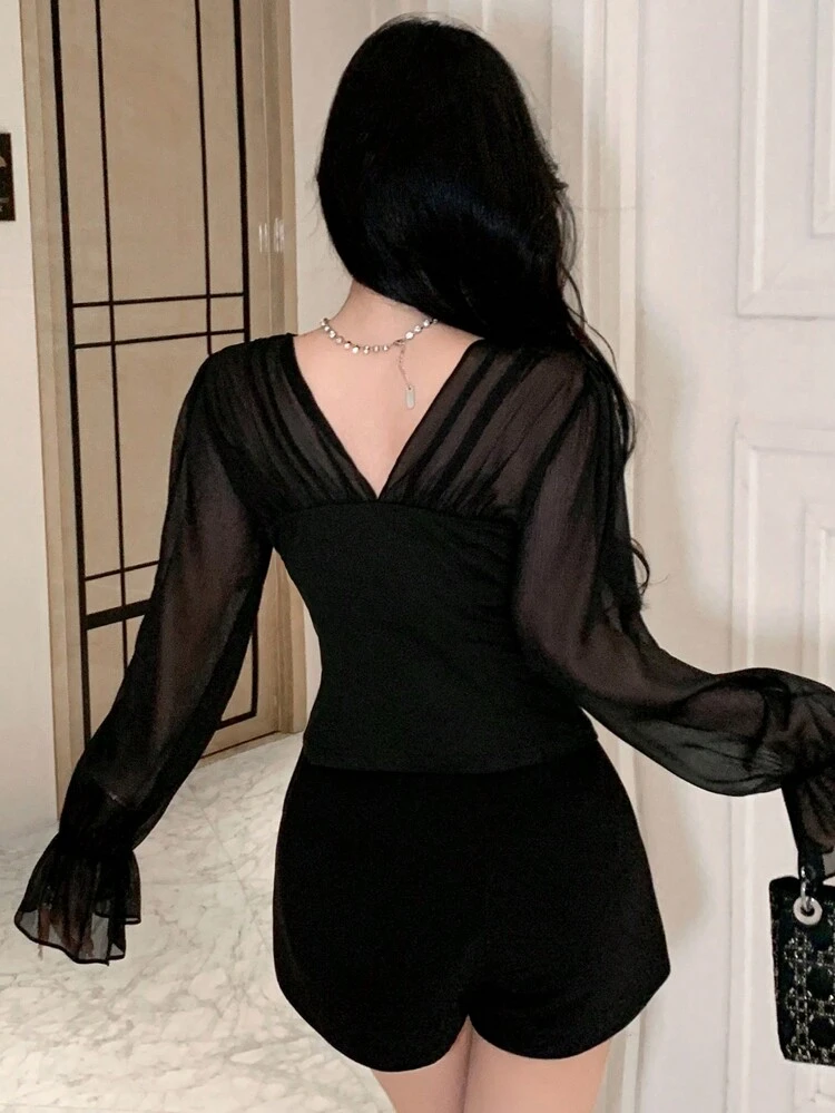 Women V-Neck Patchwork Puff Sleeve Blouse,Long Sleeve Tops,Ruffle Sheer,Fall Clothes