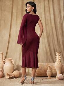 SHEIN Belle Burgundy Red Women's One Shoulder Flared Sleeve Glitter Fitted Elegant Ball Gown,Semi Formal Prom Dress For Birthday,Wedding Guest,Homecoming - Burgundy - View 2