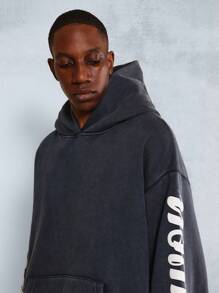 SUMWON Classic Washed Effect Hoodie Sweatshirt With Sleeve Logo Print Drawstring Kangaroo Pocket Winter Fall Streetwear Casual Loungewear Workout - Navy Blue - View 3