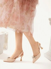 CUCCOO CHICEST Women Shoes Fashion Champagne Color Back Strap Rhinestone Bow High Heel Shoes Commuting Date Party Wedding Vacation Spring Shoes Spring Break Easter Prom Heels - Champagne - View 6