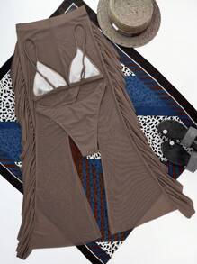 SHEIN Swim Summer Beach 3packs Triangle Bikini With Cover Up Pants - Coffee Brown - View 4