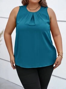 SHEIN Clasi 大码女式夏季纯色圆领褶皱无袖休闲衬衫 - 薄荷藍 - 查看 7