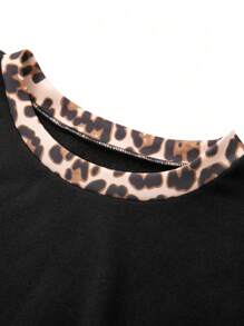 SHEIN LUNE Plus Size Women 2pcs Set - Solid Color & Leopard Print Long Sleeve Crew Neck Top And Pants - Black - View 7