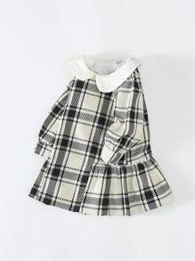 SHEIN 女婴格纹针织彼得潘领休闲优雅连衣裙，秋冬 - 黑與白 - 查看 1