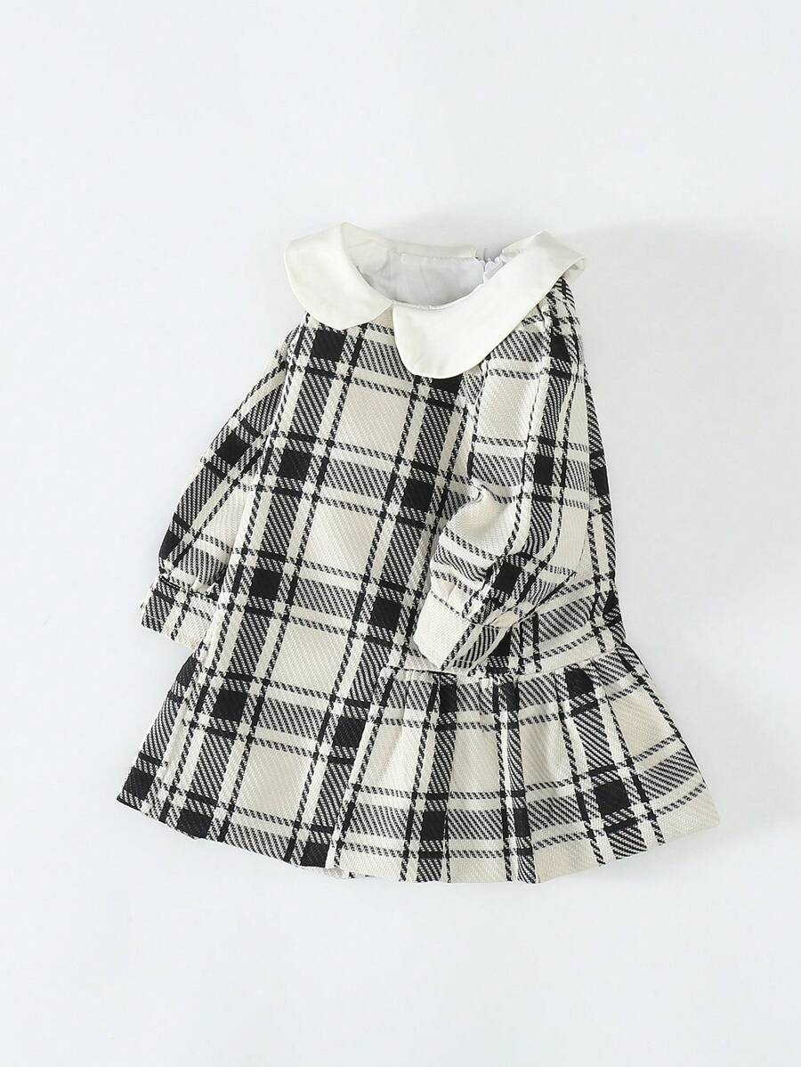 SHEIN 女婴格纹针织彼得潘领休闲优雅连衣裙，秋冬 - 黑與白 - 查看 1