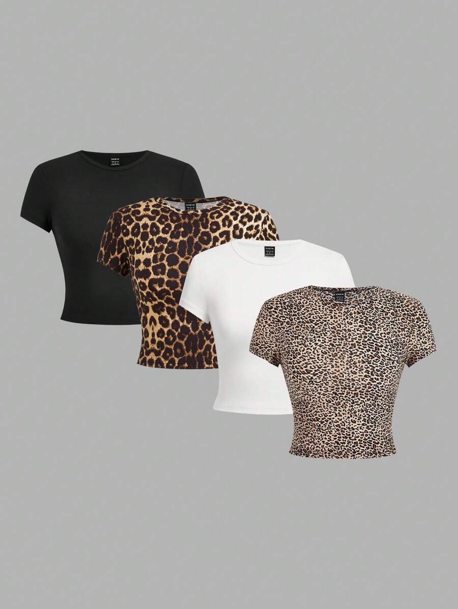 SHEIN EZwear 4 Áo thun nữ cổ tròn tay ngắn họa tiết động vật, dáng ôm vừa vặn cho mùa hè - Đen và trắng - Xem 1