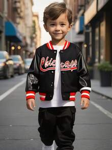 Áo khoác bóng chày giả da in chữ, kẻ sọc phong cách đường phố Mỹ thời trang cho bé trai kết hợp với quần chạy bộ màu đen, phù hợp cho mùa thu đông - màu đen - Xem 9