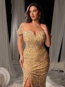Faeriesty Vestido sereia com lantejoulas e ombros de fora, coxa dividida, elegante vestido de baile formal, para convidados de casamento, formatura, jantar - Champagne - Ver 4