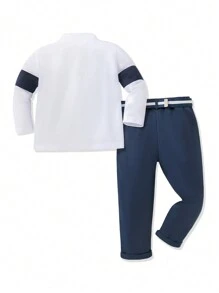 SHEIN Explorewe 2pcs Young Boy Casual Knight Print Contrast Button Half-Placket Long Sleeve Top And Pants Set, Spring Autumn