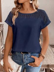 EMERY ROSE 女式夏季网眼撞色圆领蝙蝠袖短袖休闲衬衫