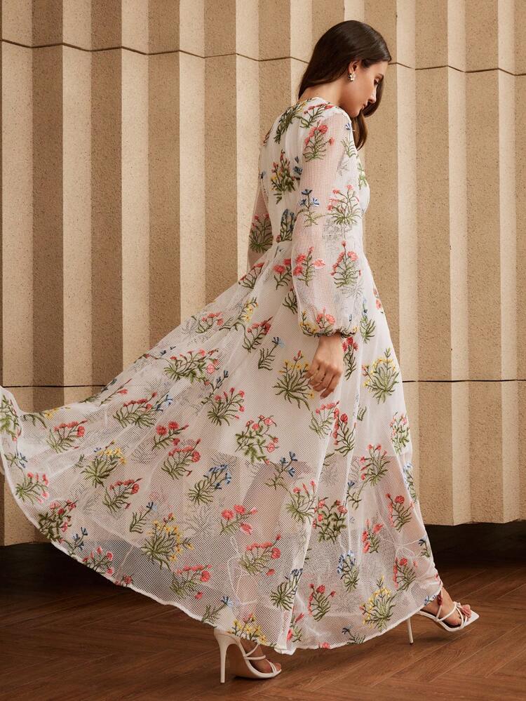 Women Long Sleeve Embroidered Dress