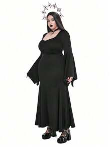 Whyspr Goth Punk Plus Size Women's Gothic Punk Style High Neck Ruched Flare Sleeve Mermaid Halloween Dress Maxi Goth Women Outfit - Black - View 7