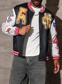 Manfinity LEGND Men's Front Button Long Sleeve Letter Print Solid Color Splicing Casual Jacket - Multicolor - View 4