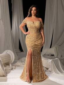 Faeriesty Vestido sereia com lantejoulas e ombros de fora, coxa dividida, elegante vestido de baile formal, para convidados de casamento, formatura, jantar - Champagne - Ver 5