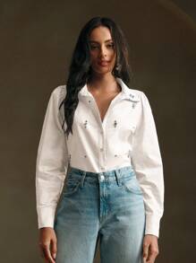 Anewsta Blusa elegante de mujer con mangas largas y lentejuelas blancas, adecuada para la primavera y el Día de San Valentín - Blanco - Ver 5